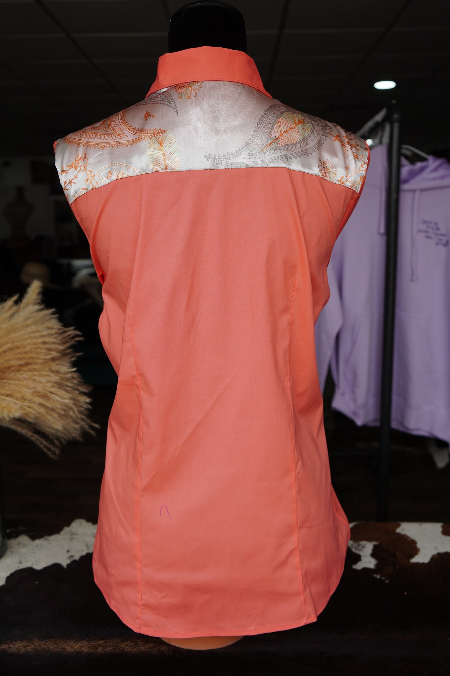 XL - Silver Boho Paisley on Coral Cotton Button Down