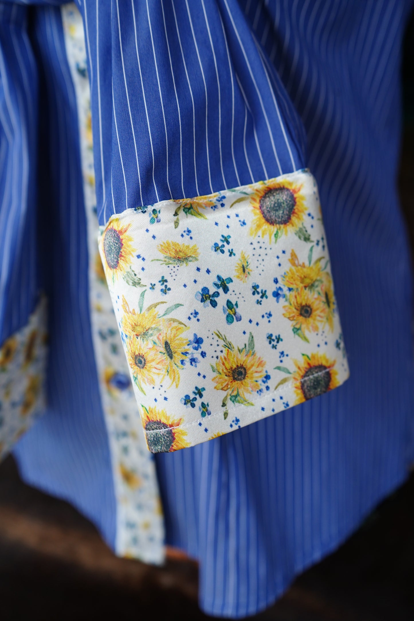Mini Original Sunflowers on Denim & White Striped Cotton Button Downs