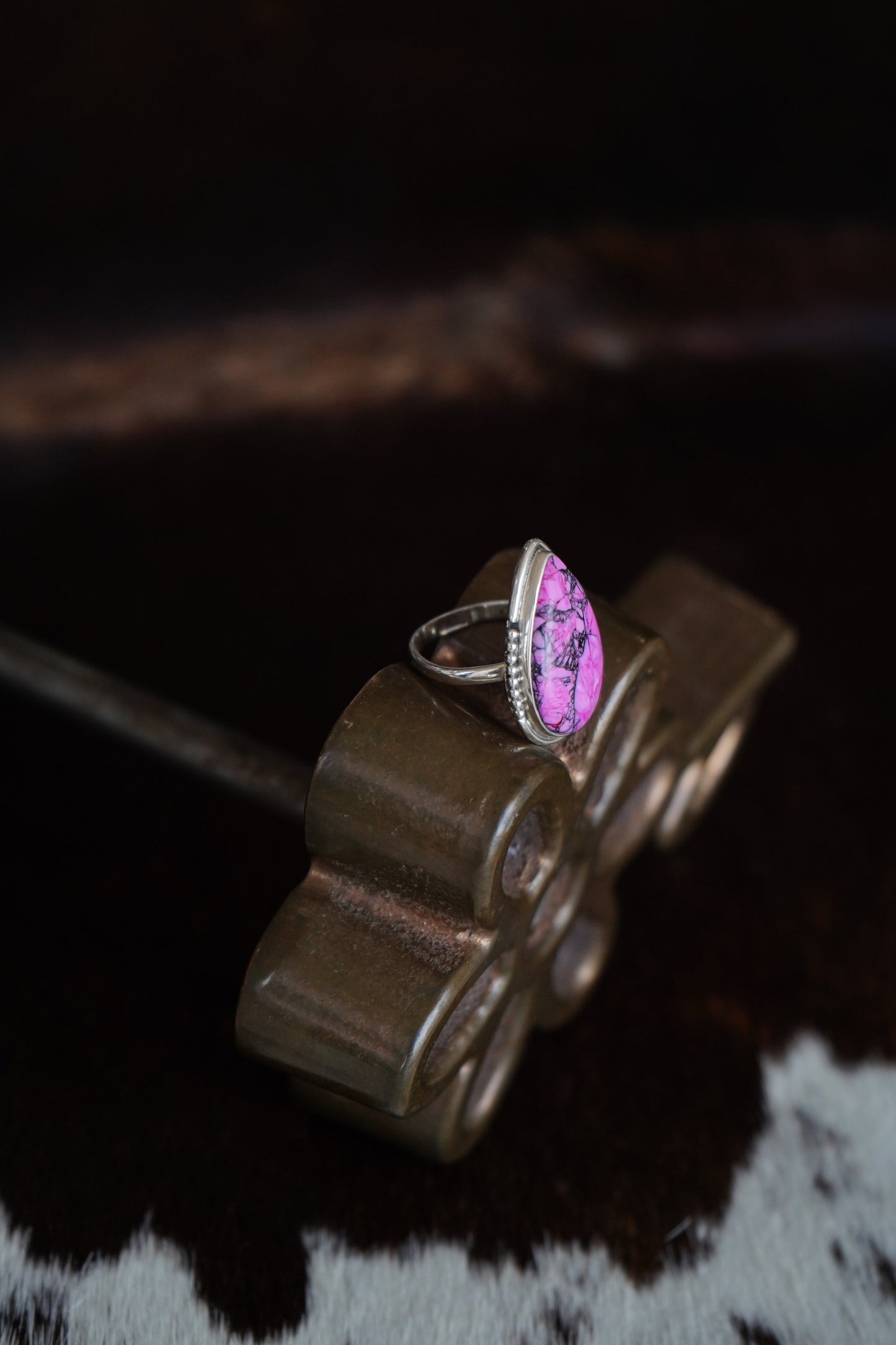 Pink & Black Dahlia Teardrop Ring - Adj