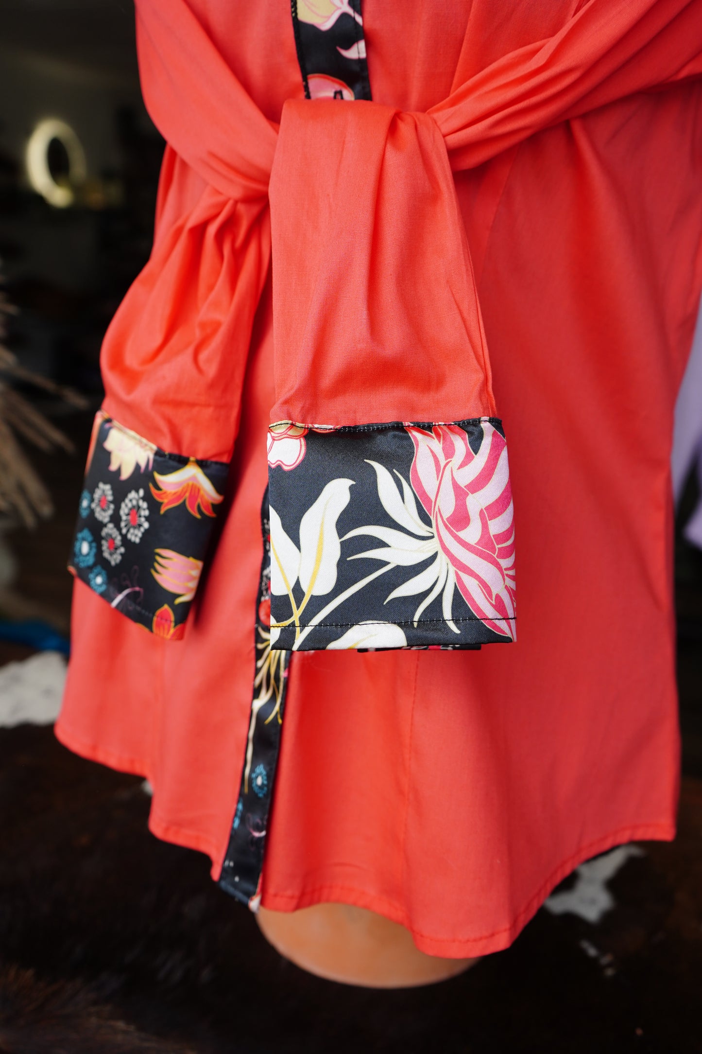 L - Painted Coral Floral on Hot Coral Cotton Button Down