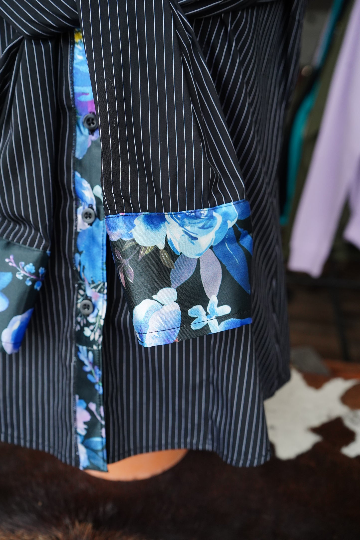 L - Watercolor Blue Floral on B/W Striped Cotton Button Down