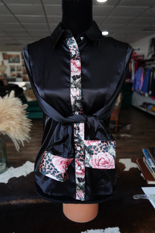 S - Pink Roses & Cheetah on Black Satin Button Down