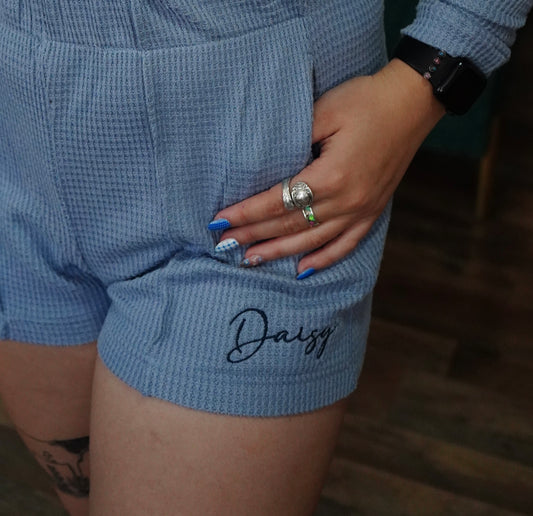 Cowgirls Cry & Daisy Script Blue Waffle Knit Set