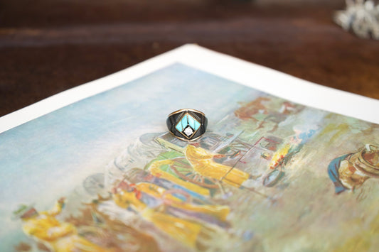 Vintage Black Onyx, Turquoise & Gold Ring - Sz 7