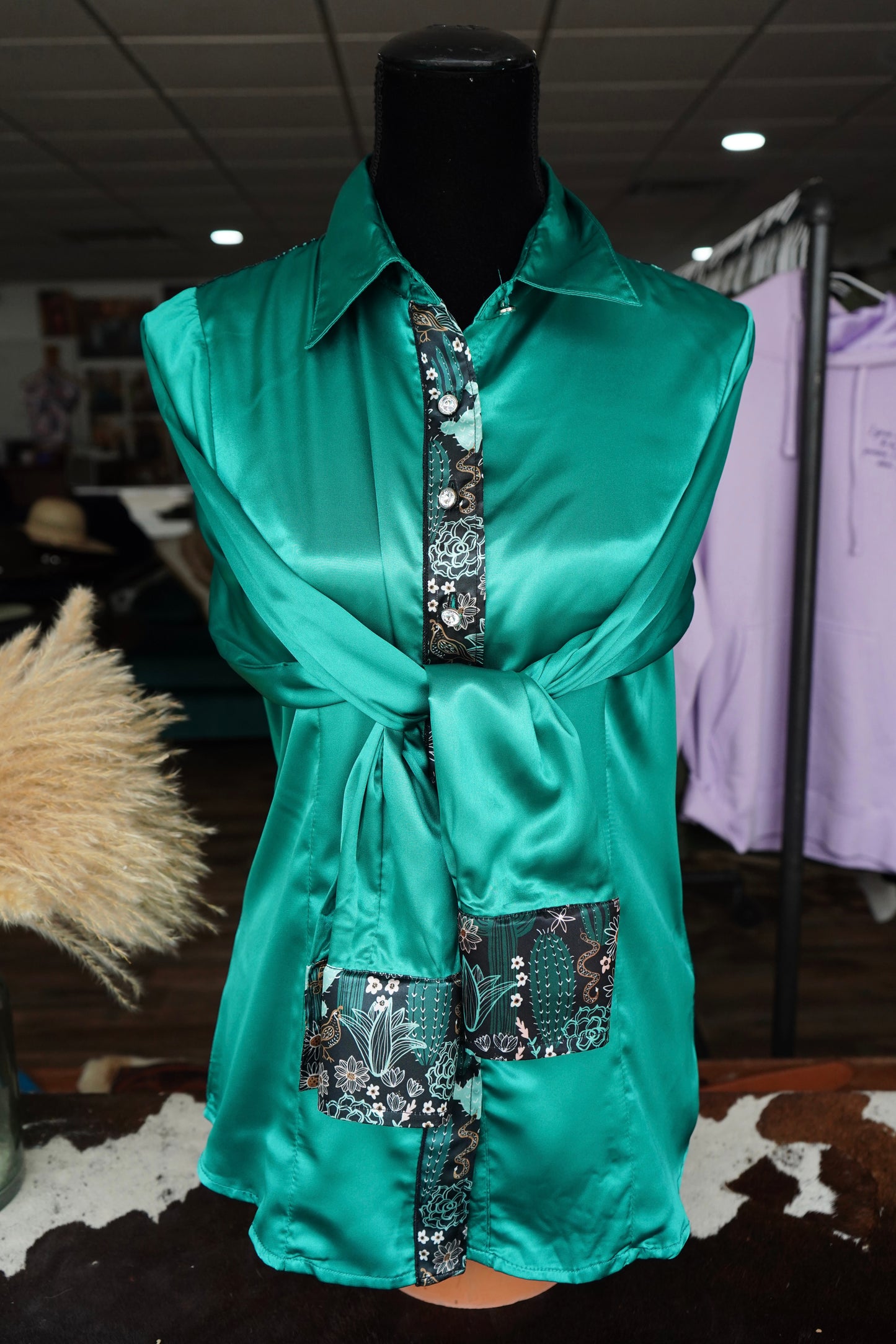 L - Black & Turquoise Cactus on Emerald Button Down