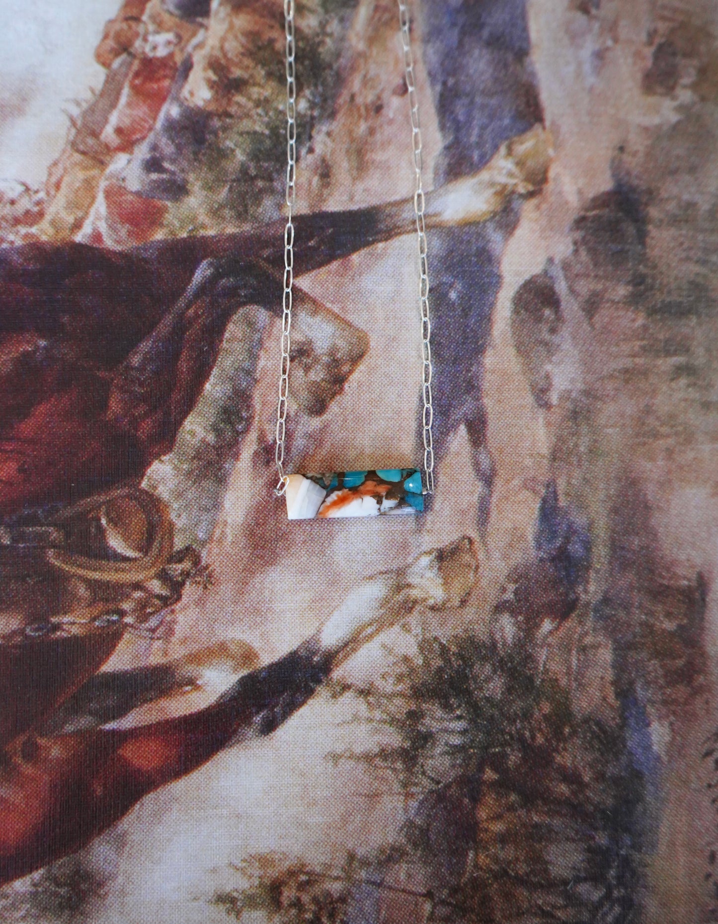 Dainty Turquoise & Orange Spiny Bars on Paperclip Chain Necklaces