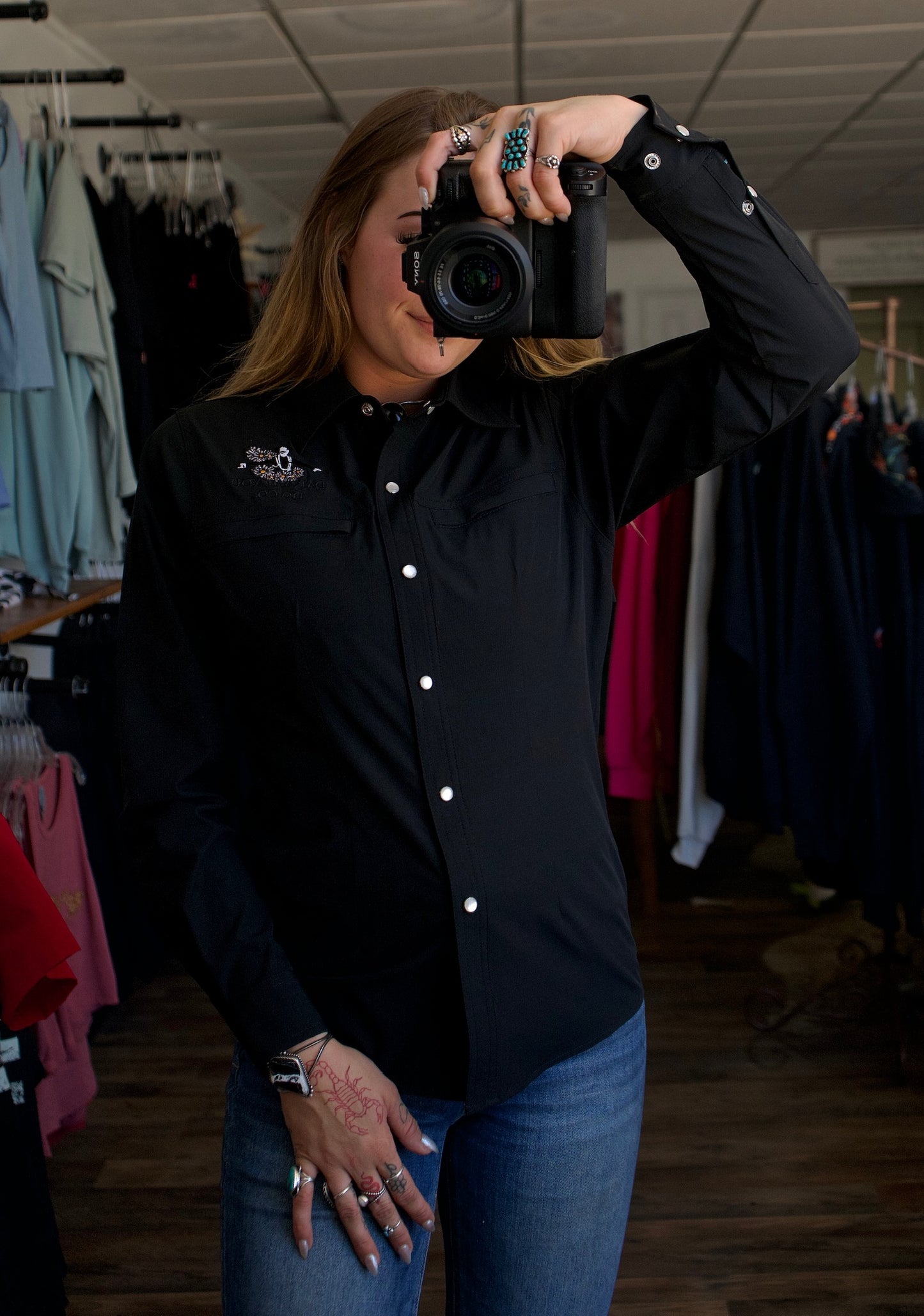 Daisy Gang Fishing Shirt Pearl Snaps - Black Long Sleeves