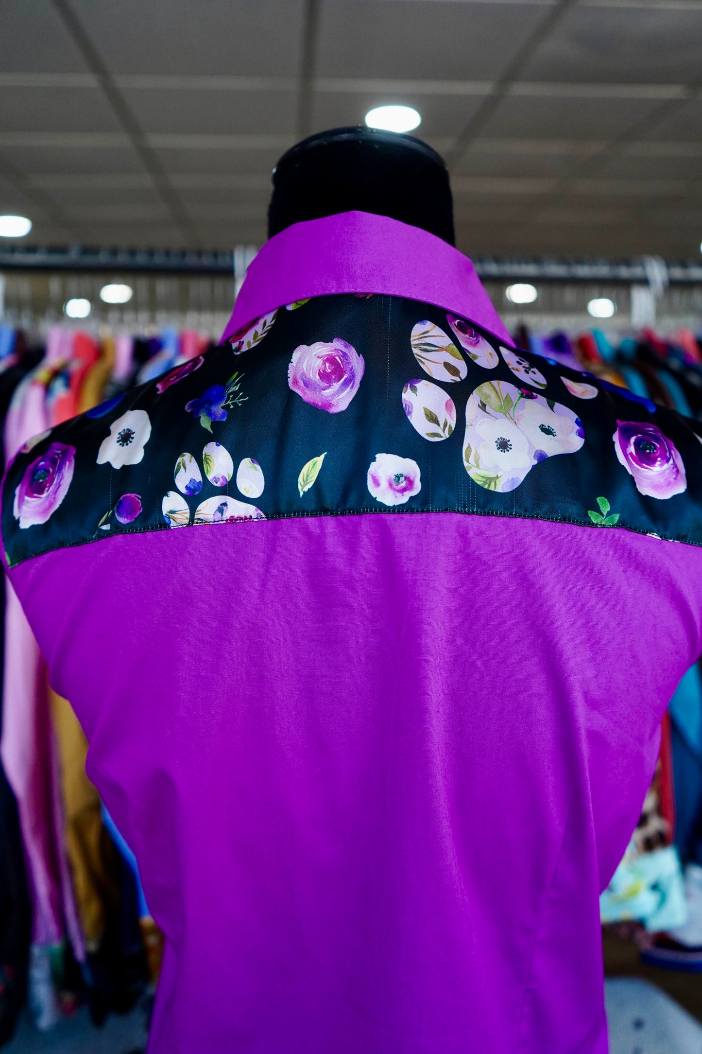 L - Floral Paw Prints on Magenta Cotton Button Down
