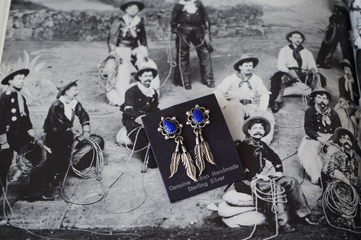 Vintage Lapis Lazuli Stud Earrings w/ Silver Feather Dangles