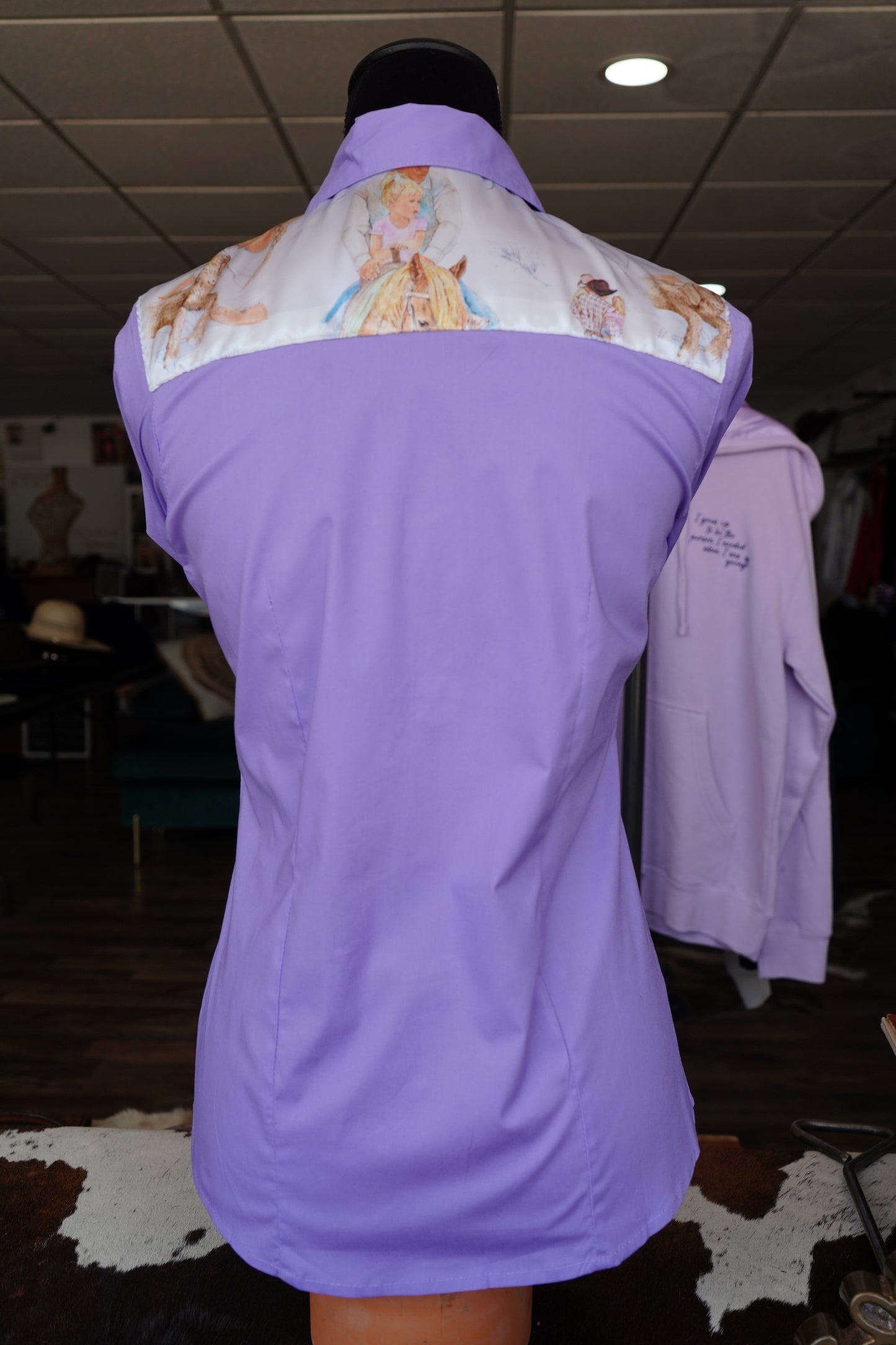 M - Raisin’ Cow Kids on Lavender Cotton Button Down