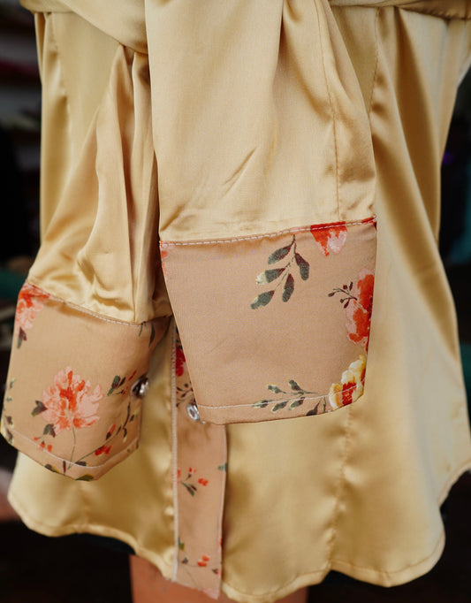 M - Tan w/ Red Flowers on Gold Satin Button Down