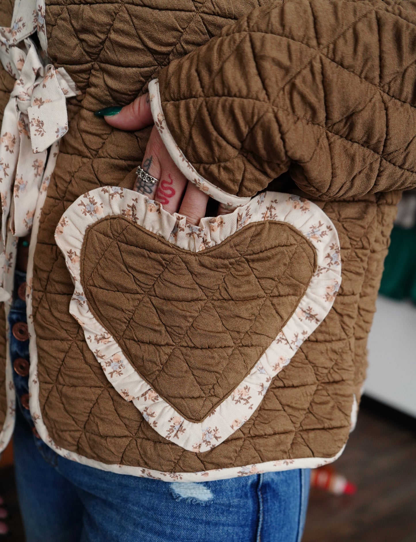 Daisy Spades - Embroidered Coffee Floral Heart Tie Front Jacket