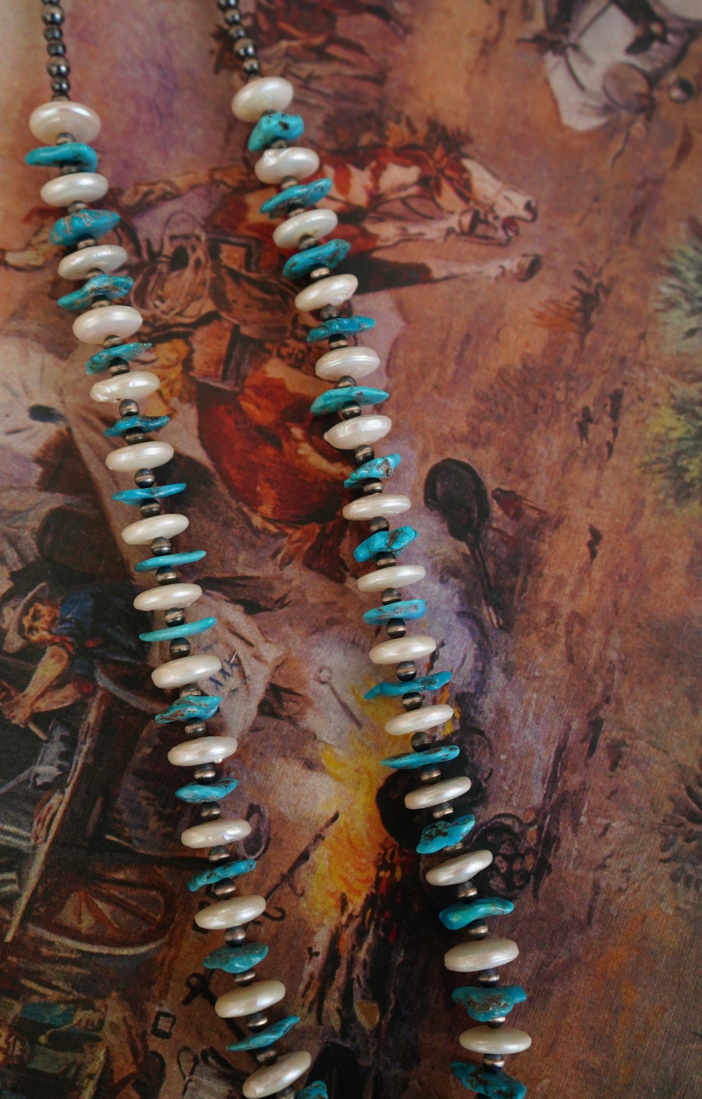 Turquoise & MOP Chips w/ Sterling Silver Pearls Necklace - 24”