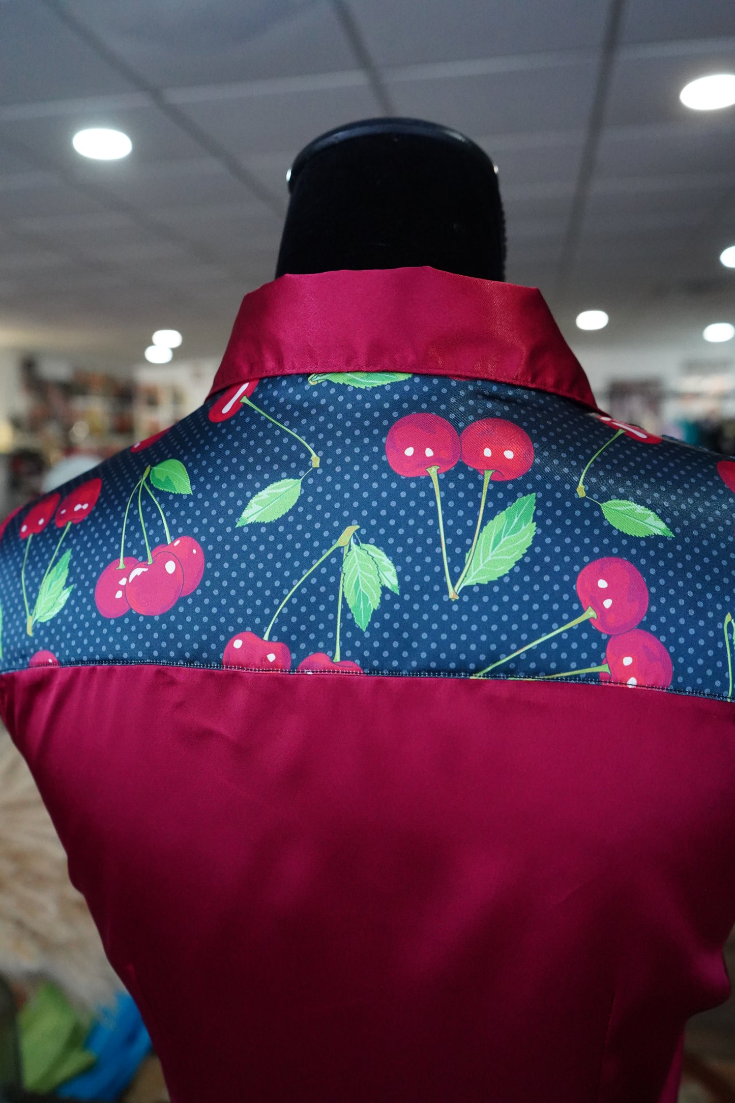 S - Polka Dot Cherry on Burgundy Satin Button Down