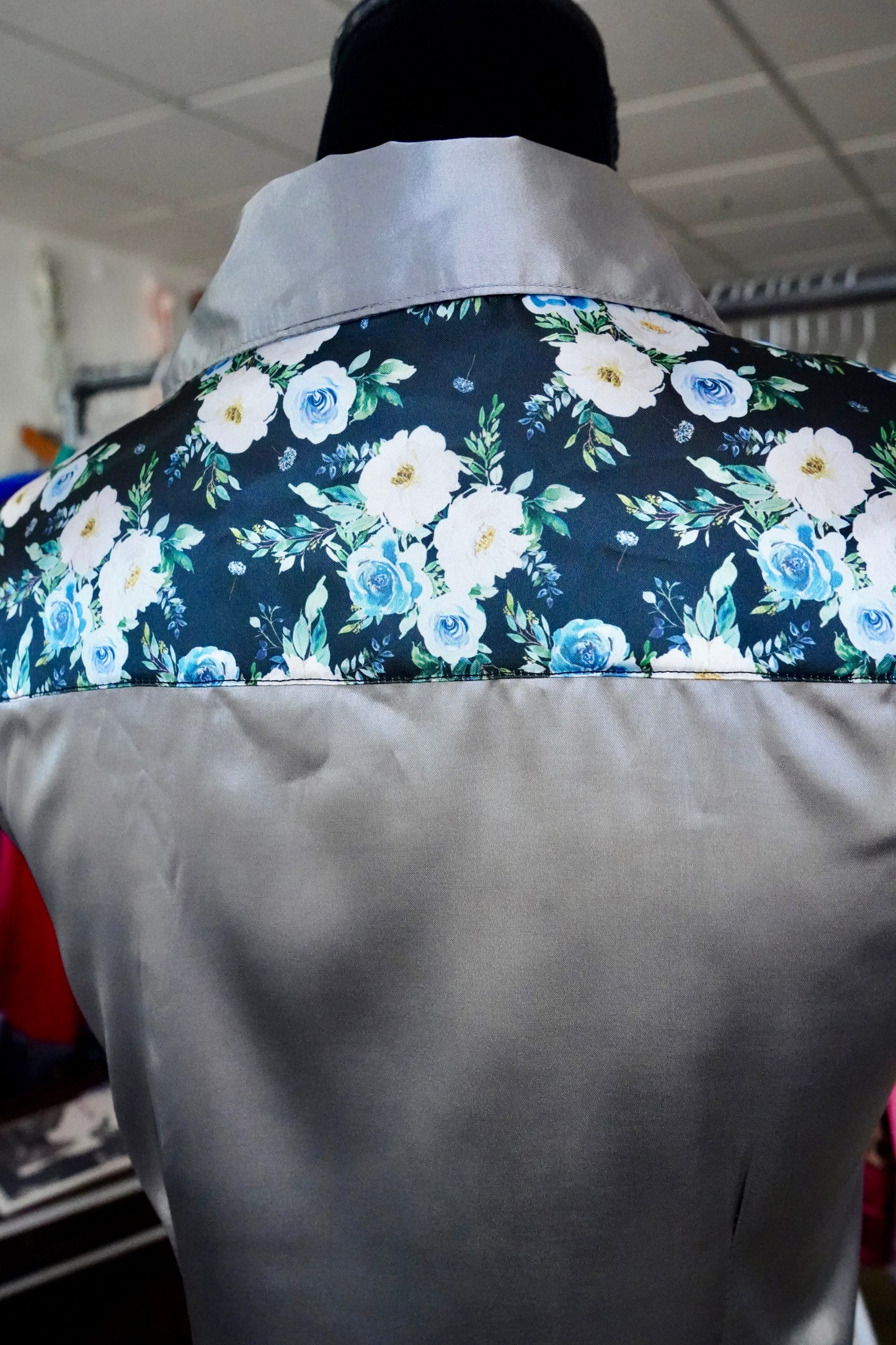 S - Black w/ Blue & White Roses on Silver Satin Button Down