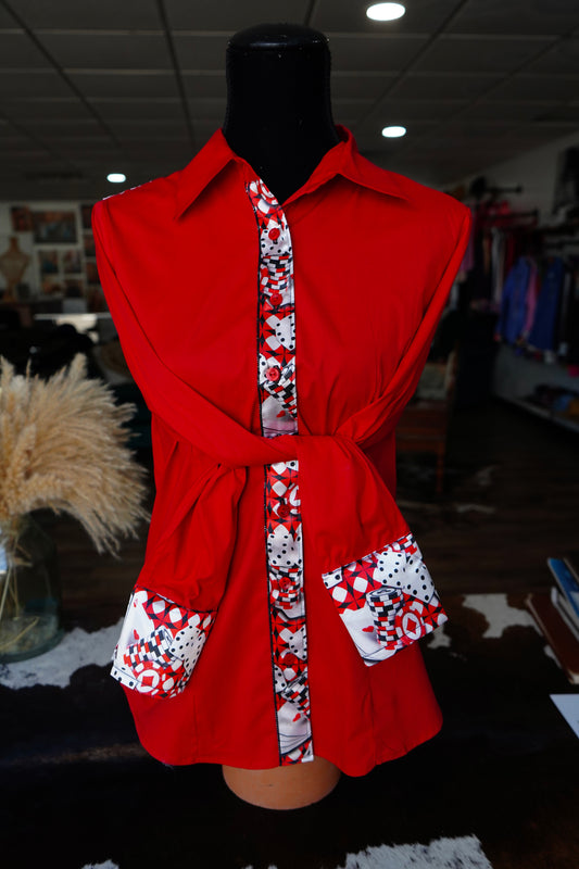 L - Playing Cards on Red Cotton Button Down