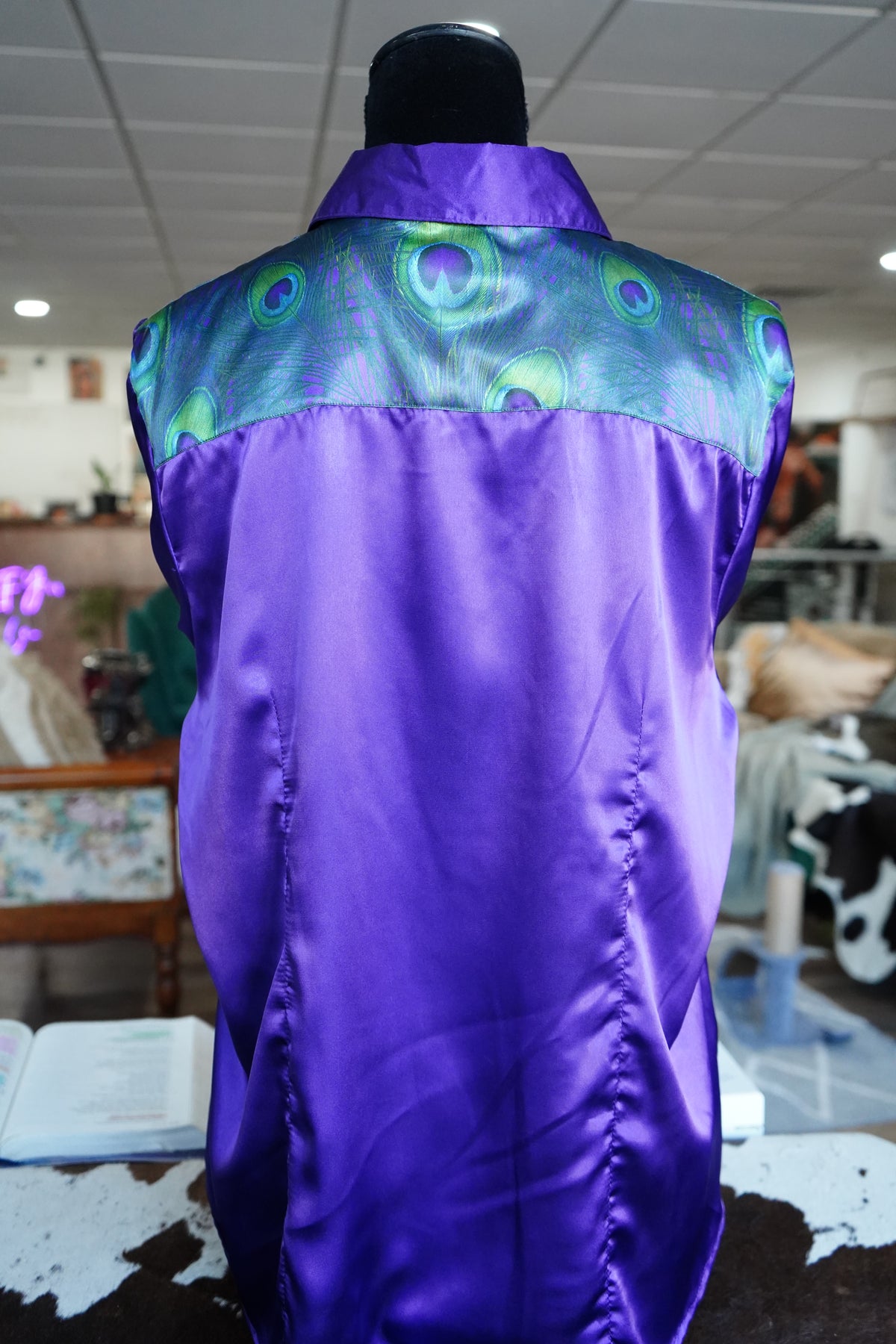 3XL - Peacock Feathers on Purple Satin Button Down