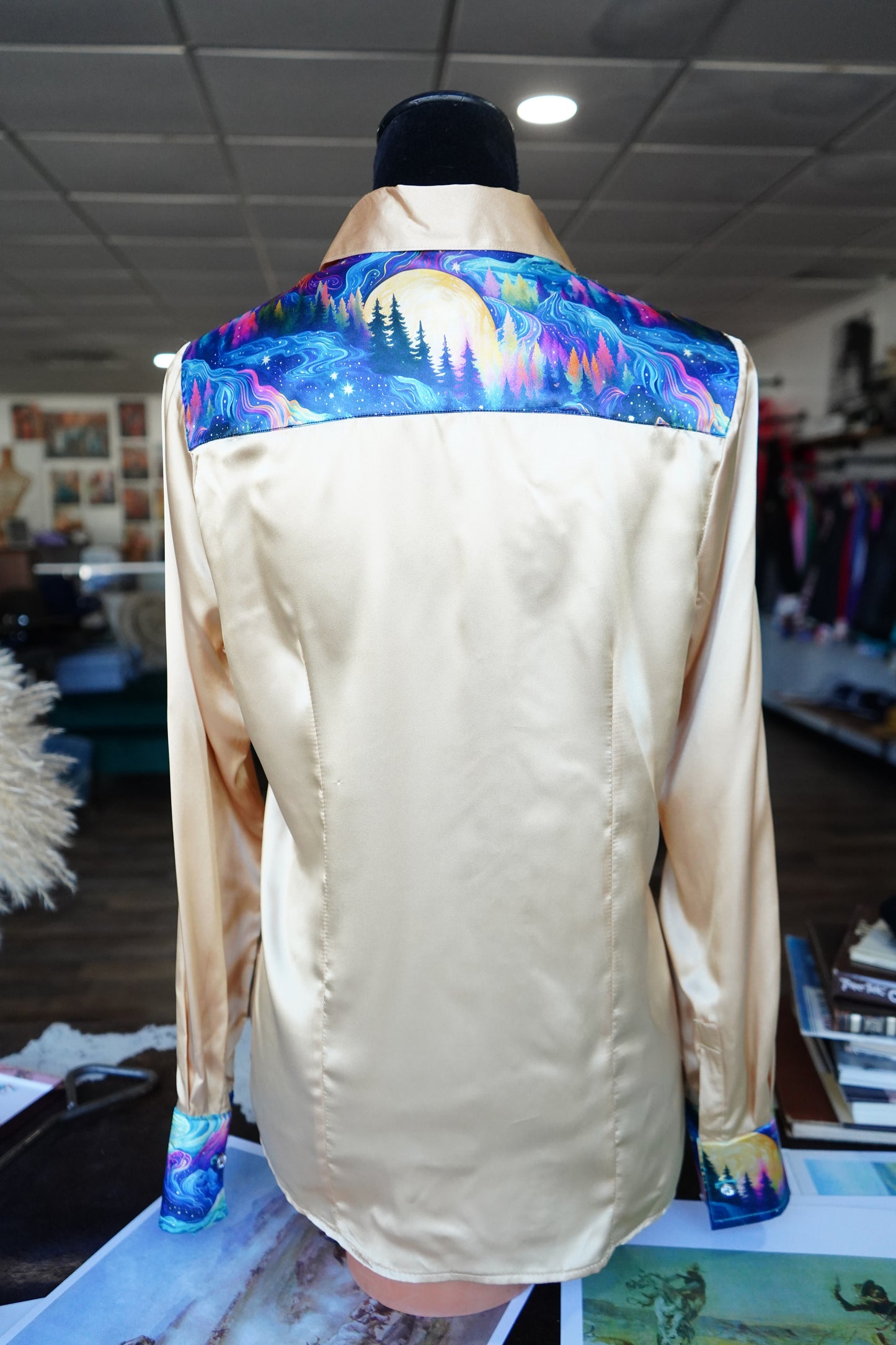 L - Mystic Mountains on Gold Satin Button Down