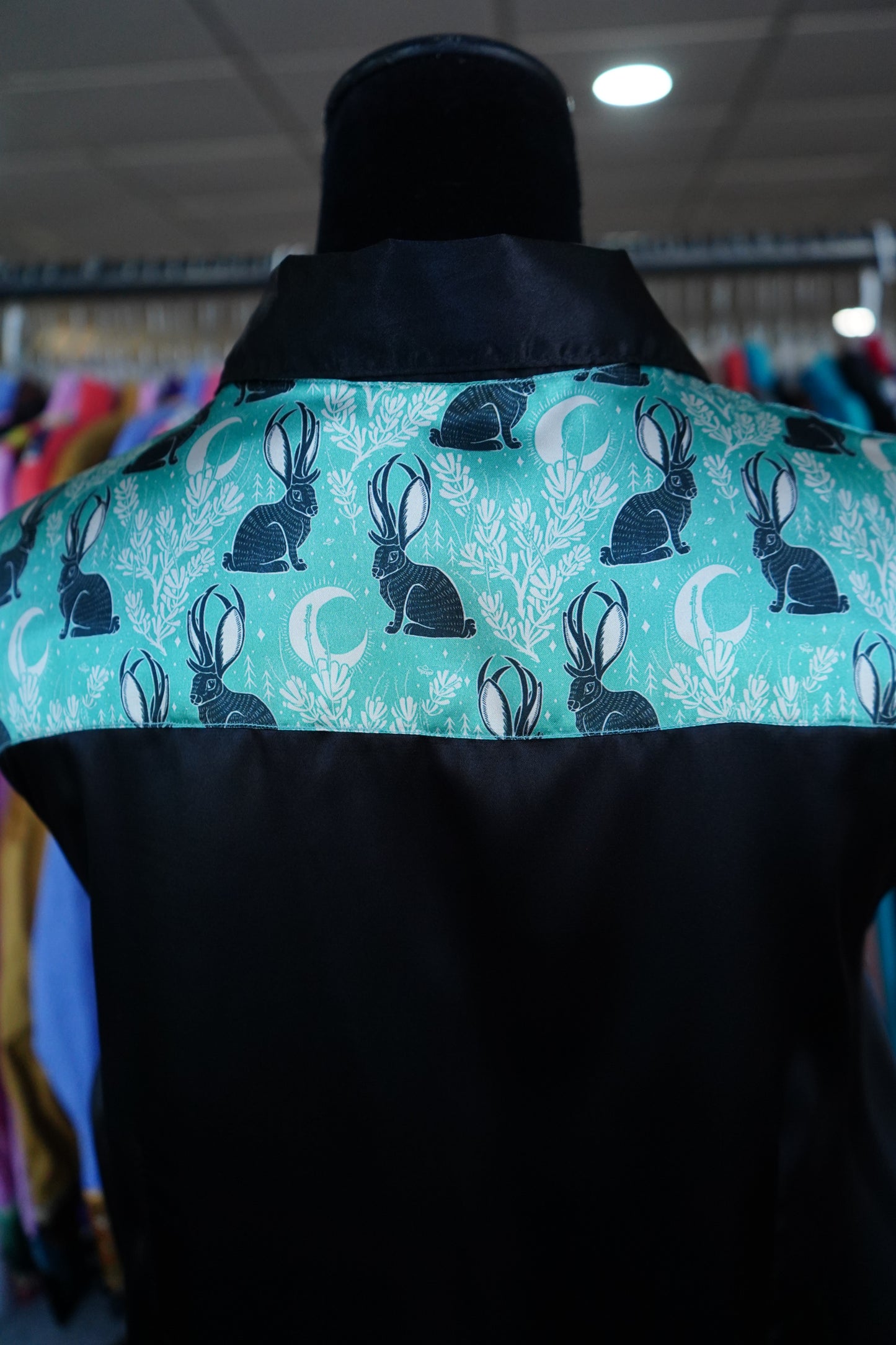 2XL - Mystic Jackelopes on Black Satin Button Down