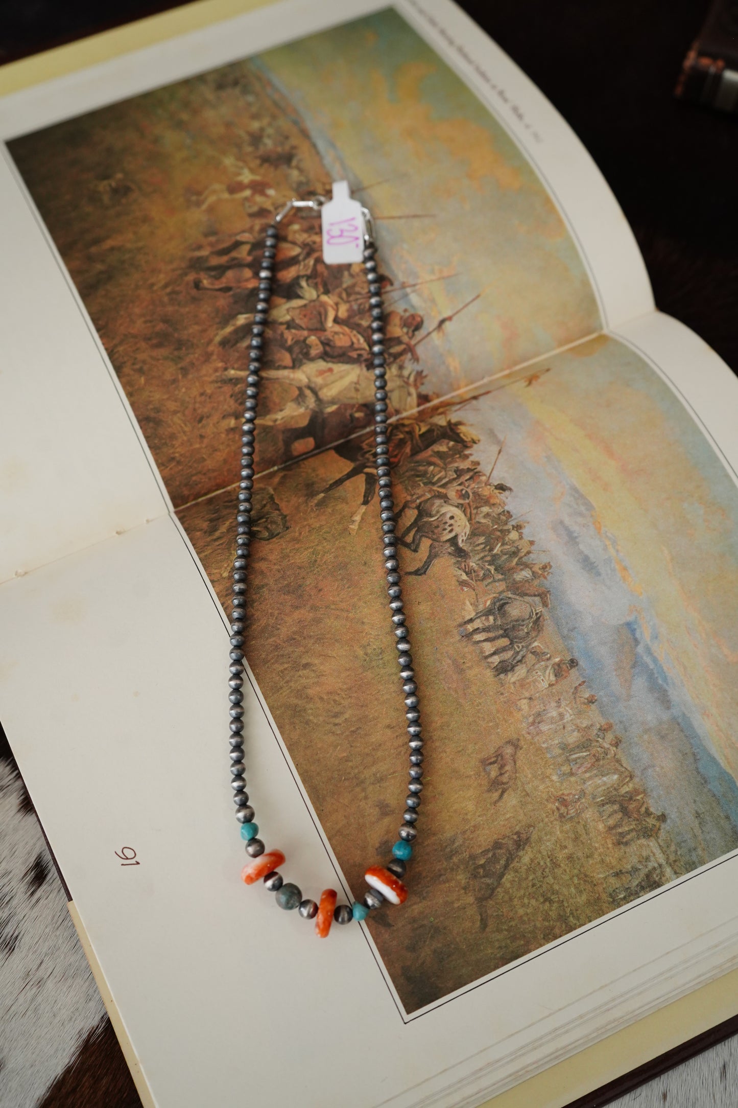 Sterling Silver Pearls w/ Turquoise & Orange Spiny Necklace - 18”
