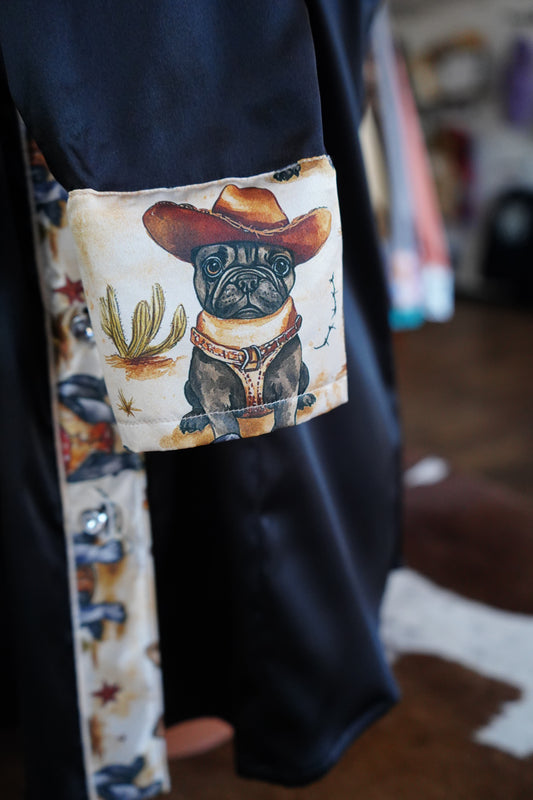 L - Cowboy Frenchies on Black Satin Button Down