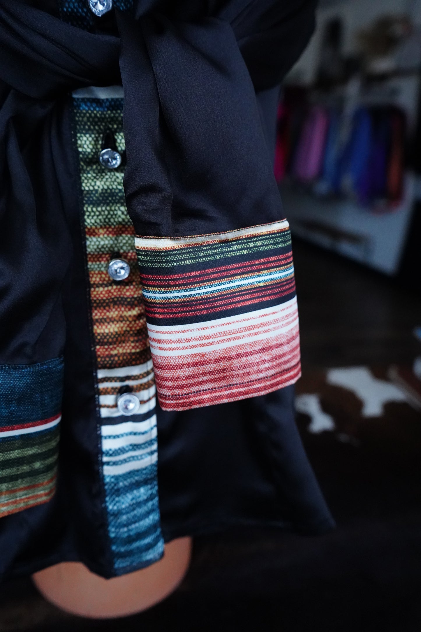 L - Serape on Black Satin Button Down