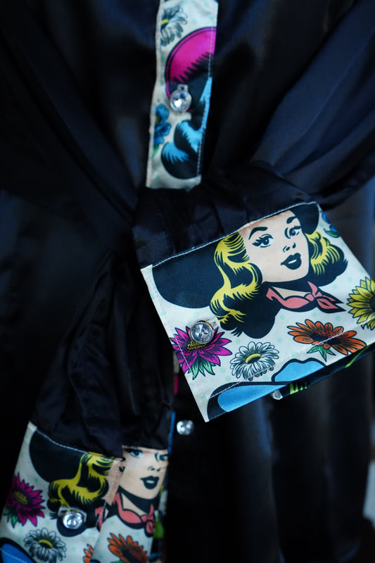 XL - Comic Cowgirls on Black Satin Button Down