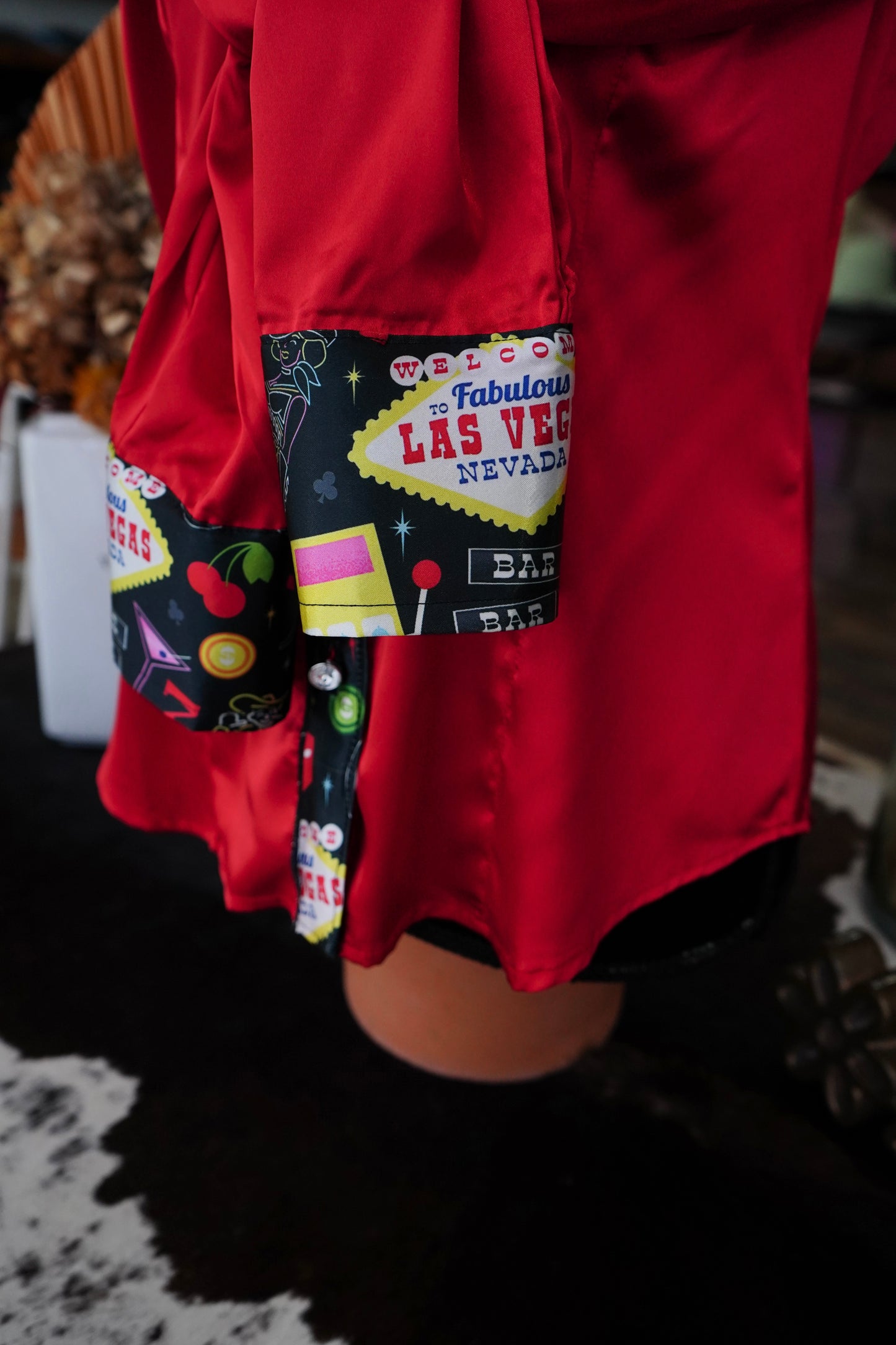 L - Red Satin w/ Black Vegas Button Down