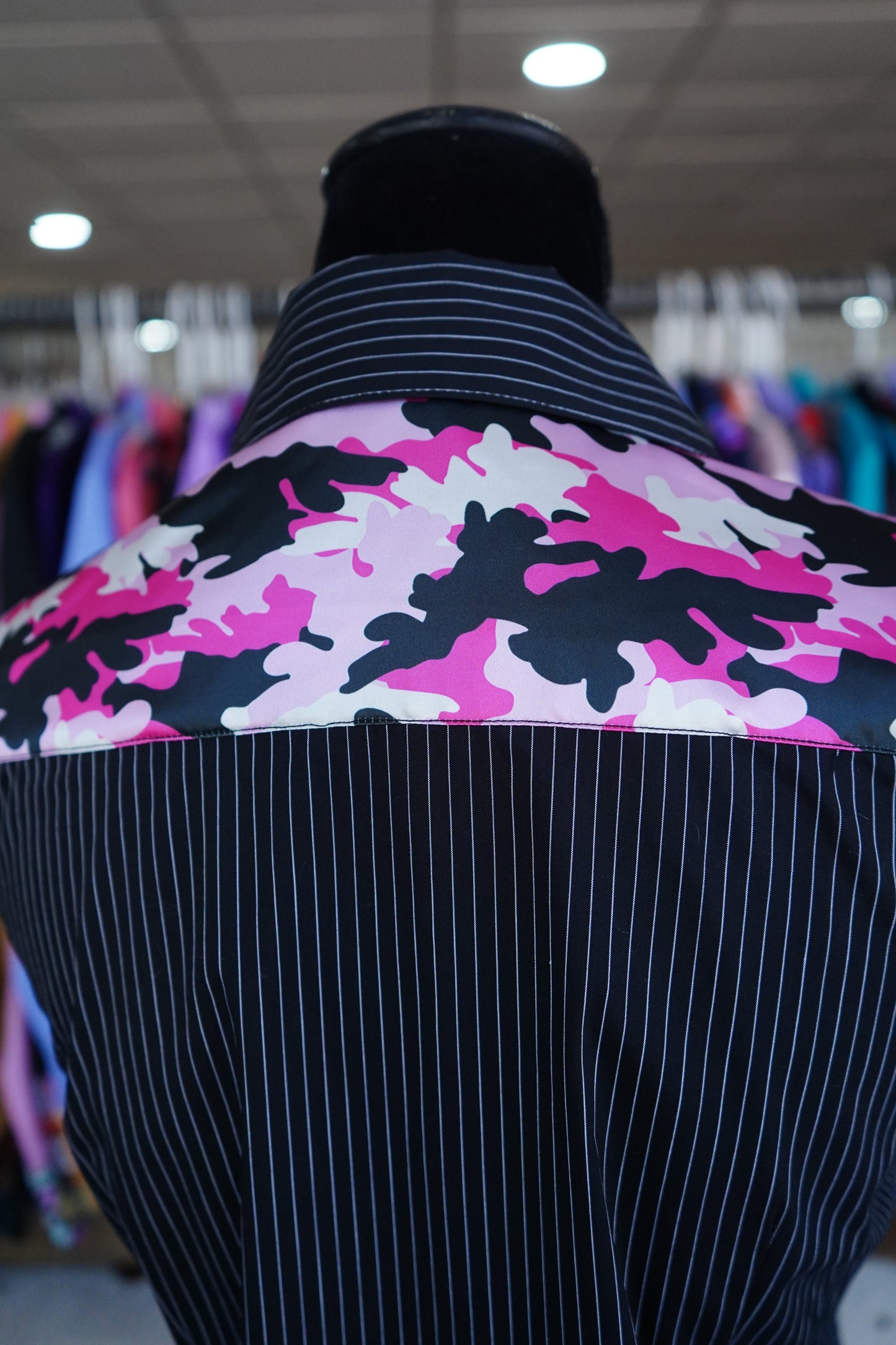 M - Pink Camo on B/W Stripe Cotton Button Down