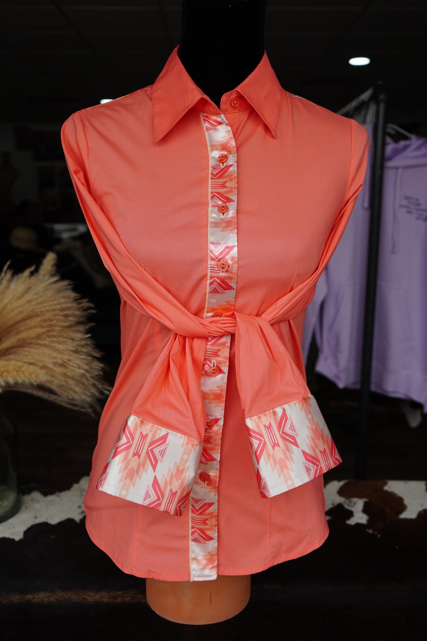 XL - Silver Boho Paisley on Coral Cotton Button Down