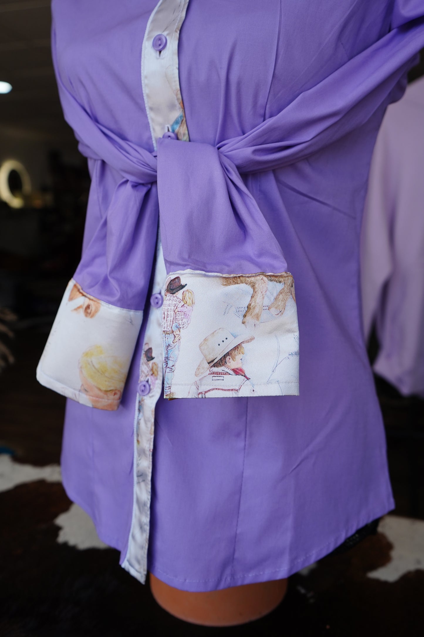 M - Raisin’ Cow Kids on Lavender Cotton Button Down