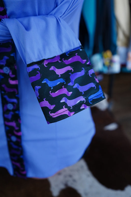 S - Purple Weenie Dawgs on Lilac Cotton Button Down