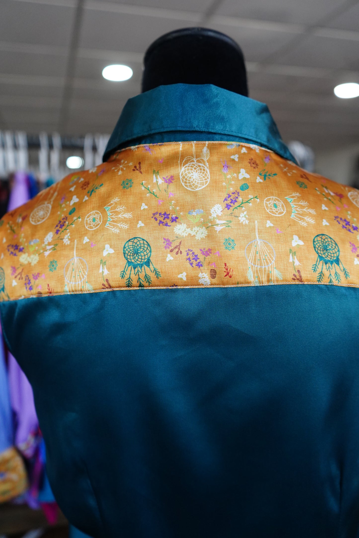 L - Mustard Dreamcatchers on Teal Satin Button Down