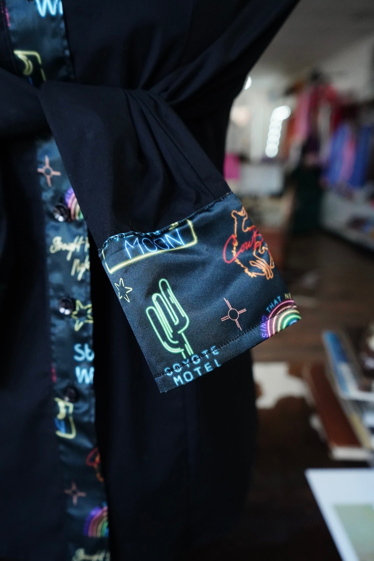S - Neon Moon on Black Cotton Button Down