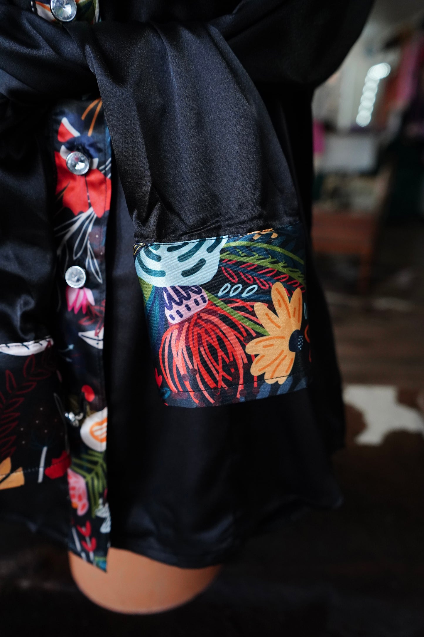 L - Black Painted Wildflowers on Black Satin Button Down