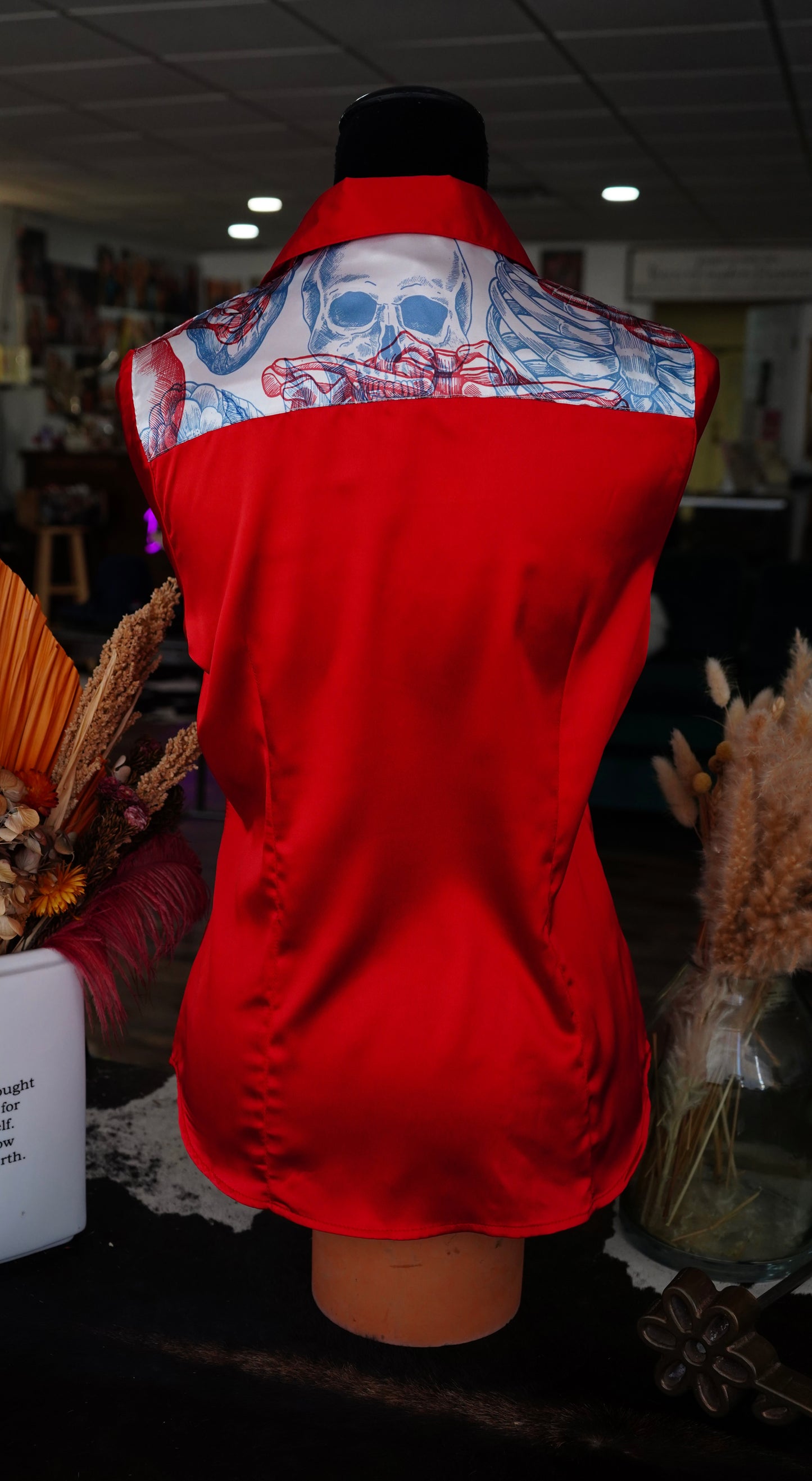 L - Red Satin w/ Patriotic Skulls n Flowers Button Down