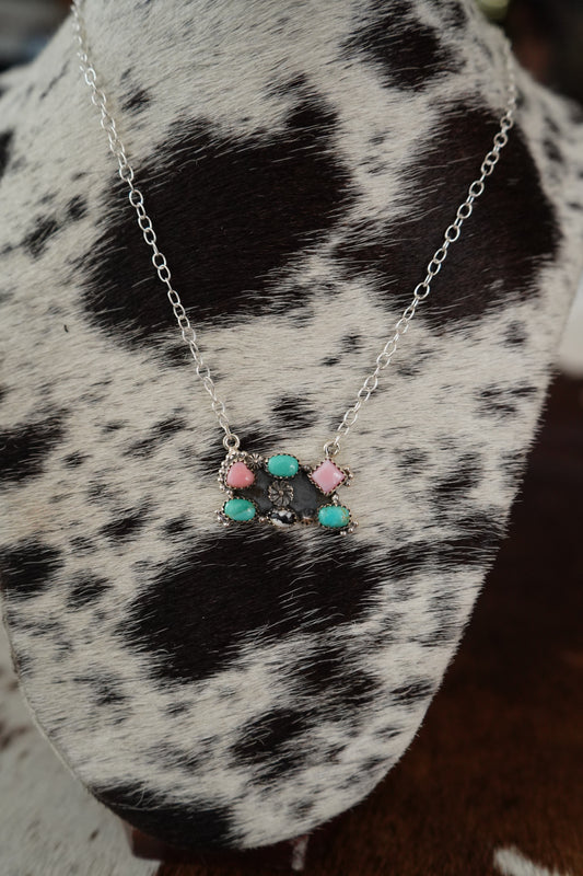 Multi Stone Flower Cluster Bar Necklace