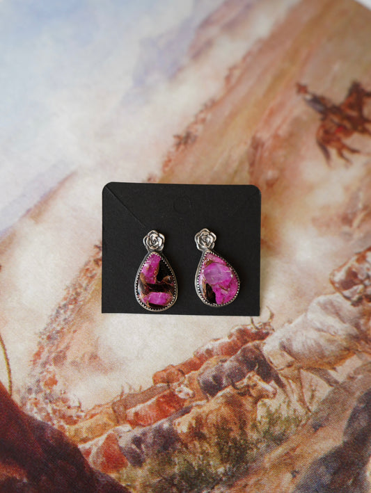 Z Bar Fuchsia Dahlia Teadrops w/ Roses Stud Earrings