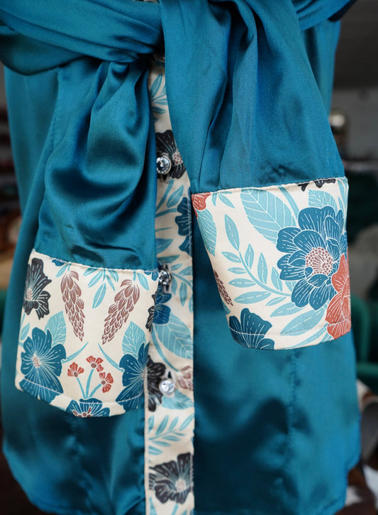 S - Rust & Teal Floral on Teal Satin Button Down