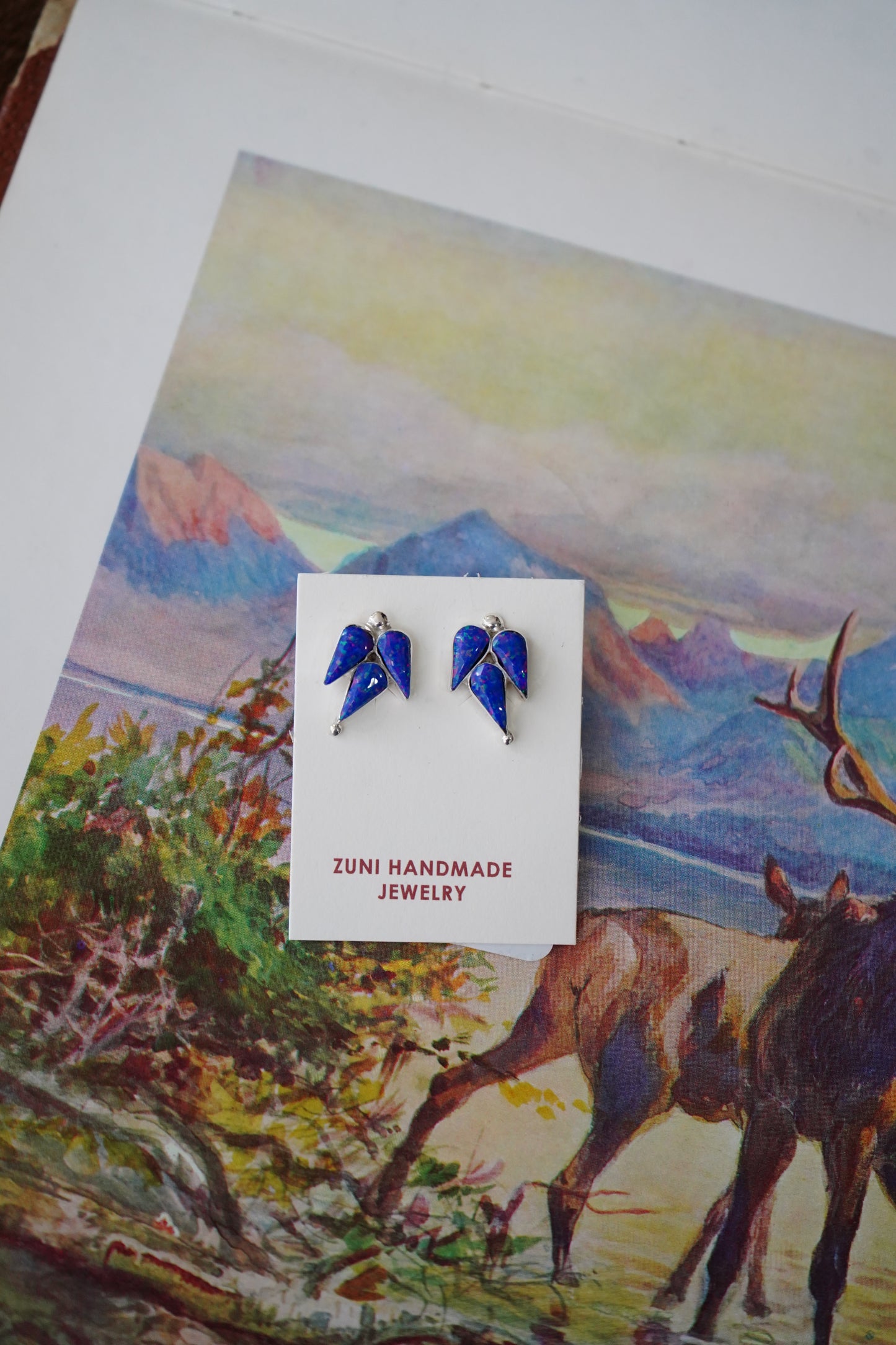 Karen Lalio Zuni Inlay Blue Opal 3 Stone Stud Earrings