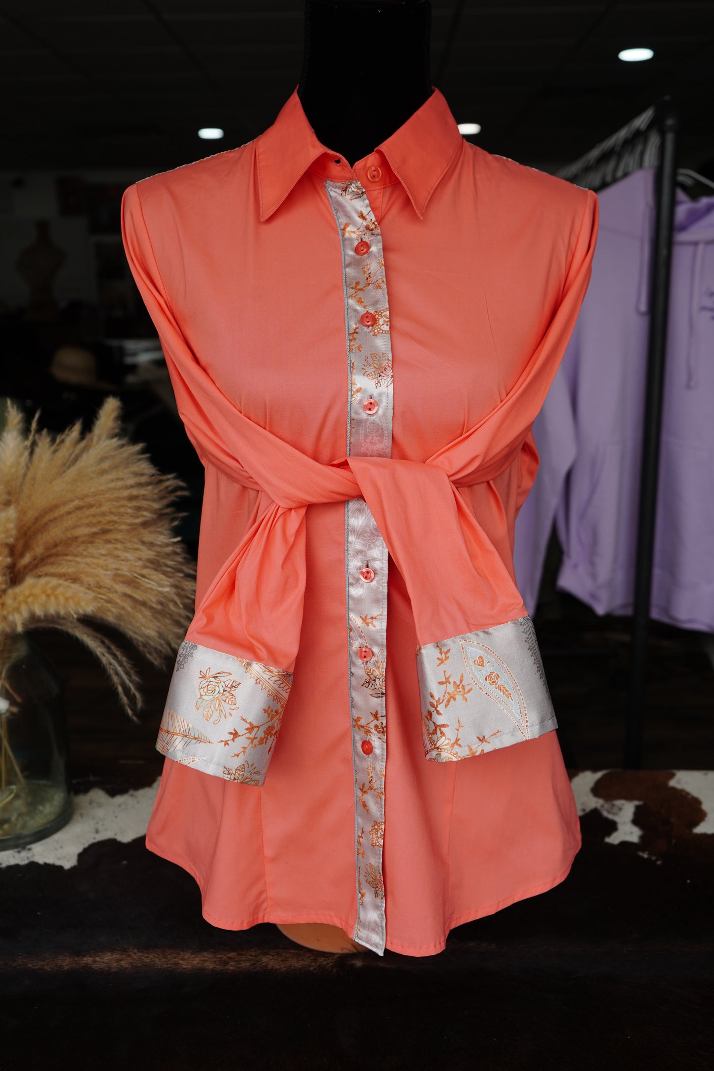 XL - Silver Boho Paisley on Coral Cotton Button Down
