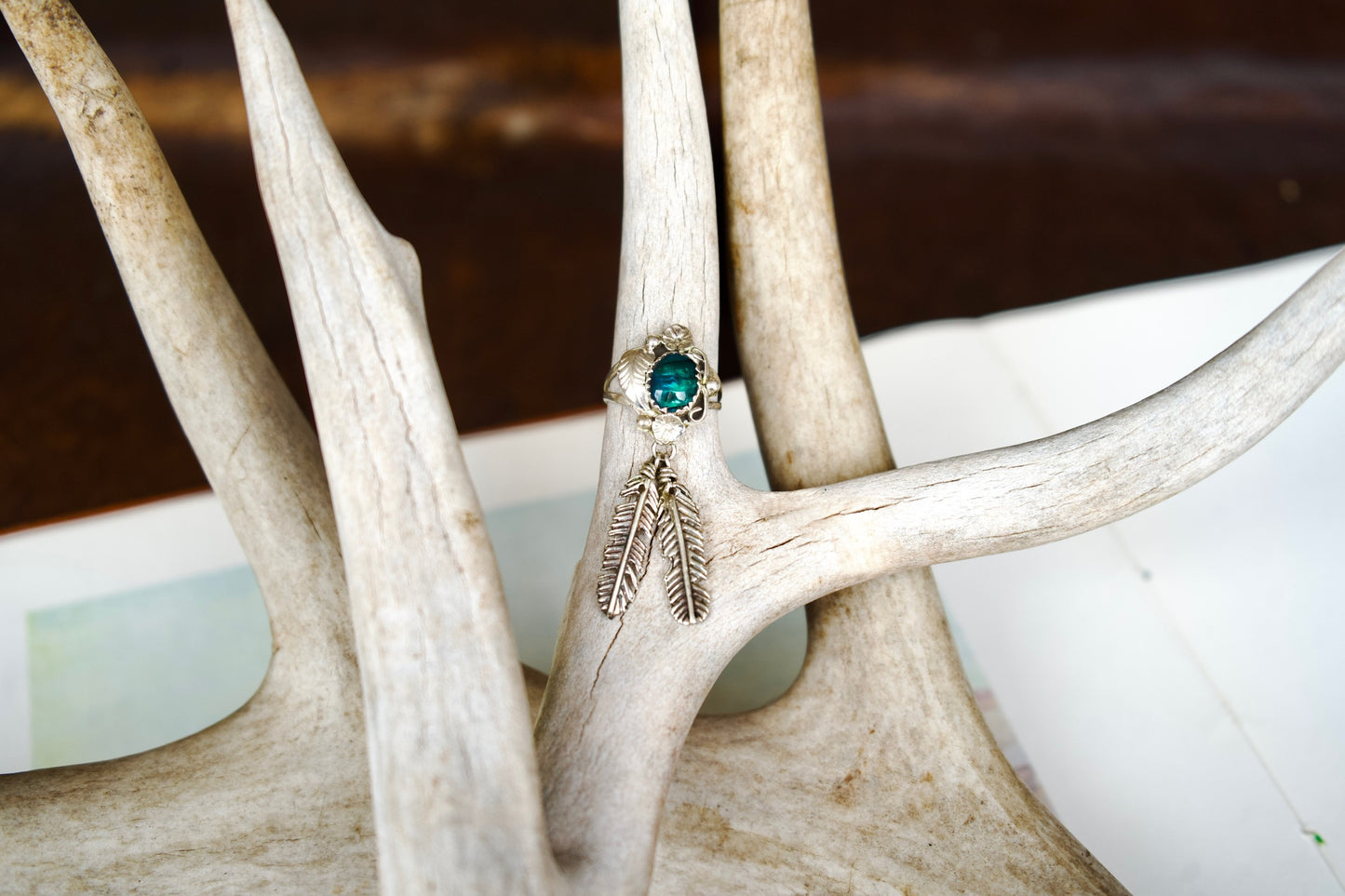 Abalone Sterling Silver Rings with Feather Dangle - Sz 7