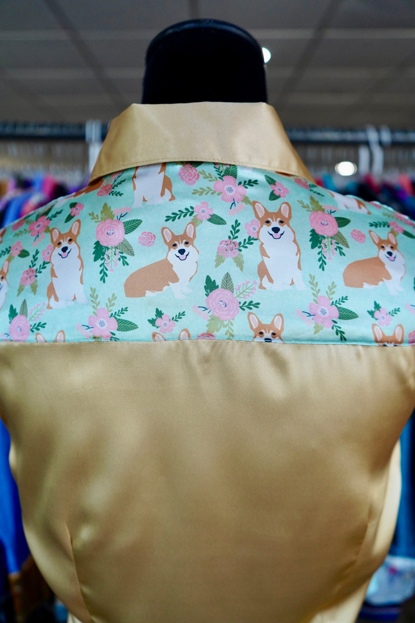 M - Floral Corgis on Gold Satin Button Down