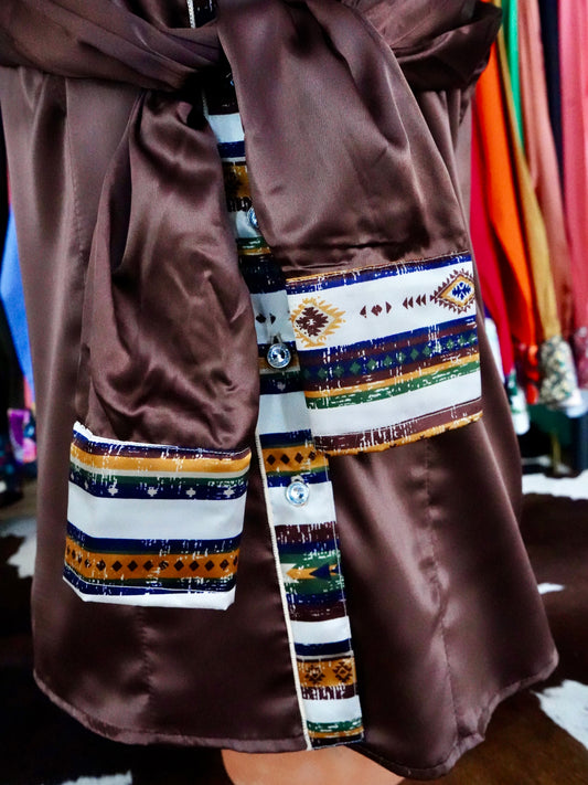 L - Withered Native Stripe on Brown Satin Button Down