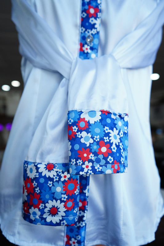 M - Patriotic Daisies on White Satin Button Down