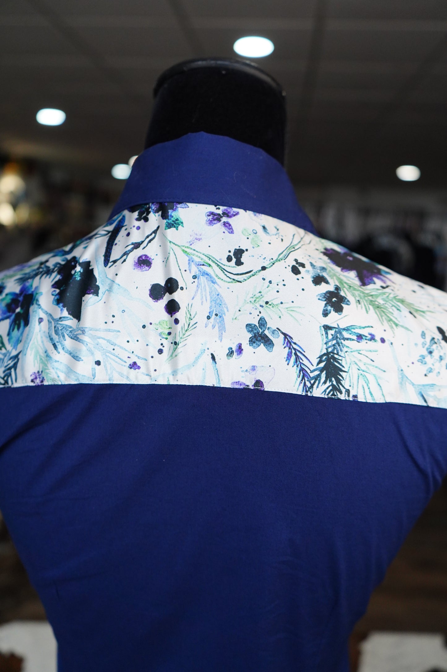 S - Winter Watercolor Floral on Navy Cotton Button Down