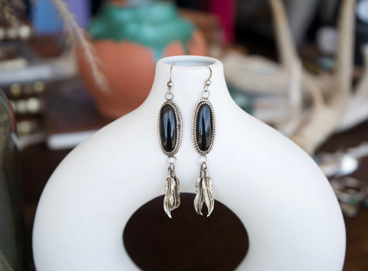 Vintage Black Onyx Feather  Fishhook Earrings