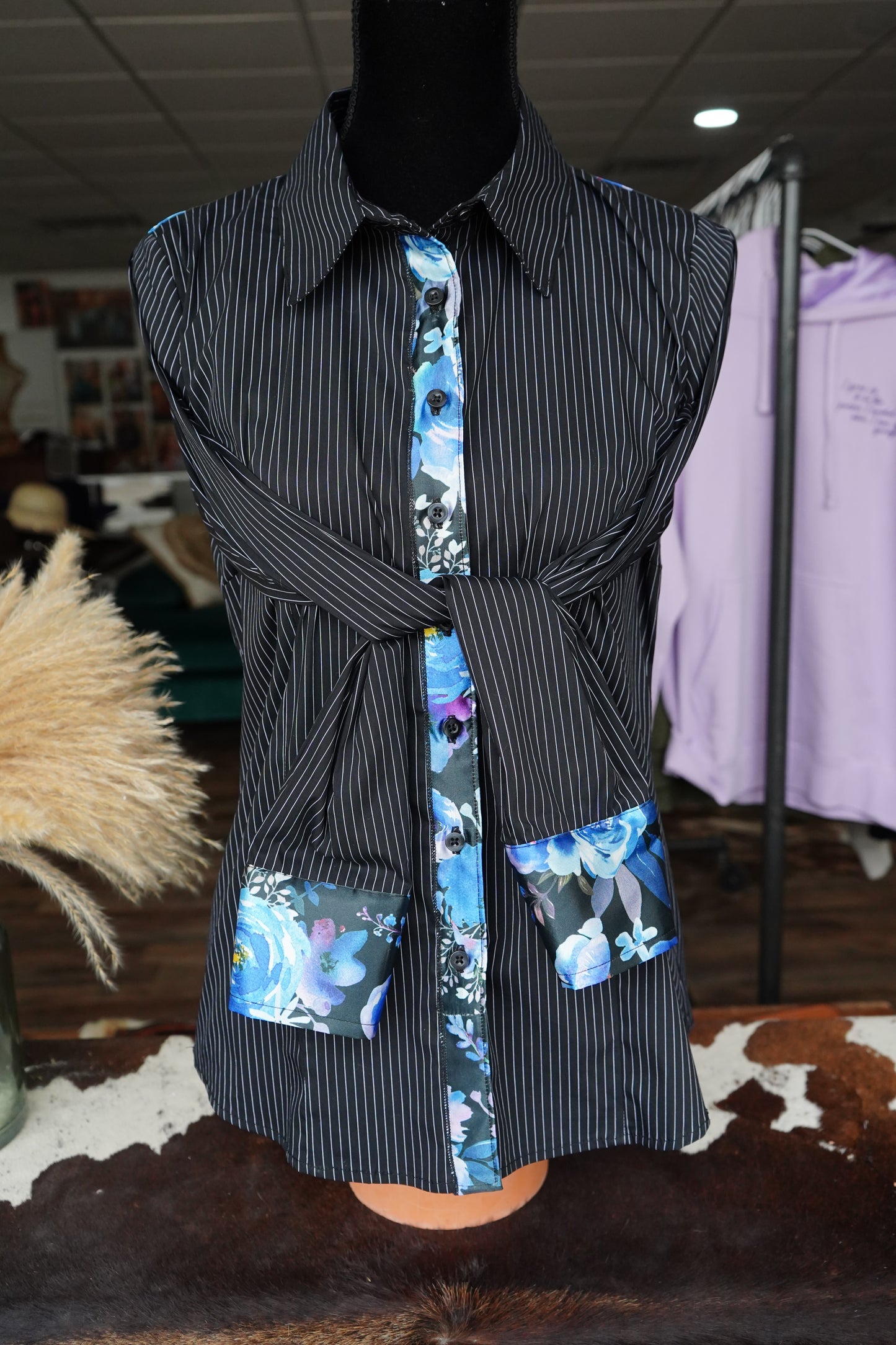 L - Watercolor Blue Floral on B/W Striped Cotton Button Down