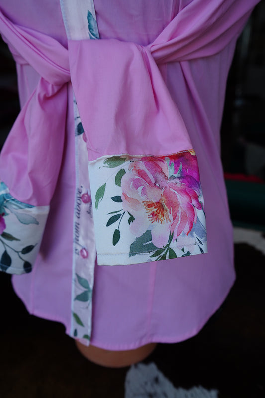 S - White Verses on Pink Cotton Button Down