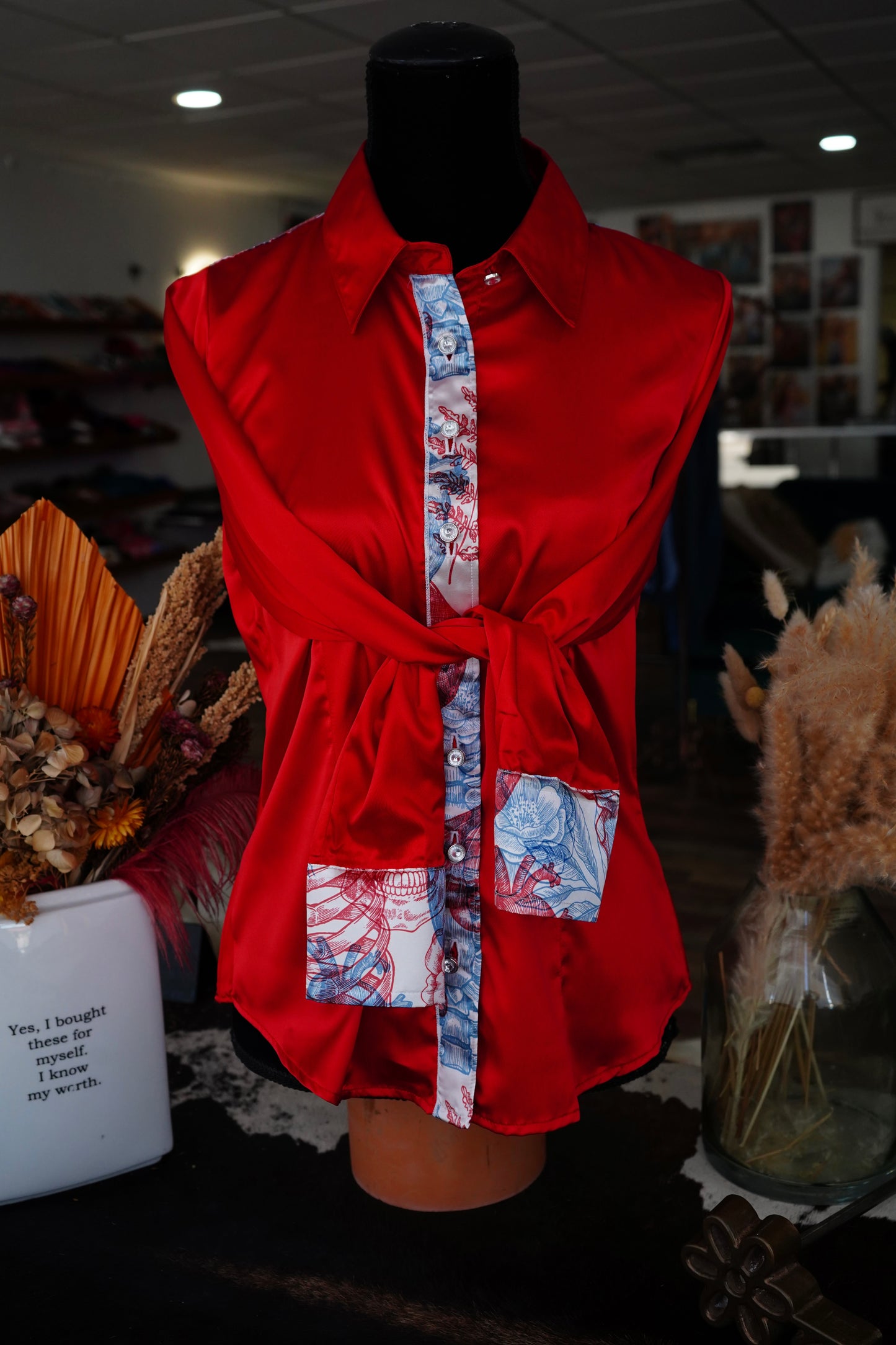 L - Red Satin w/ Patriotic Skulls n Flowers Button Down